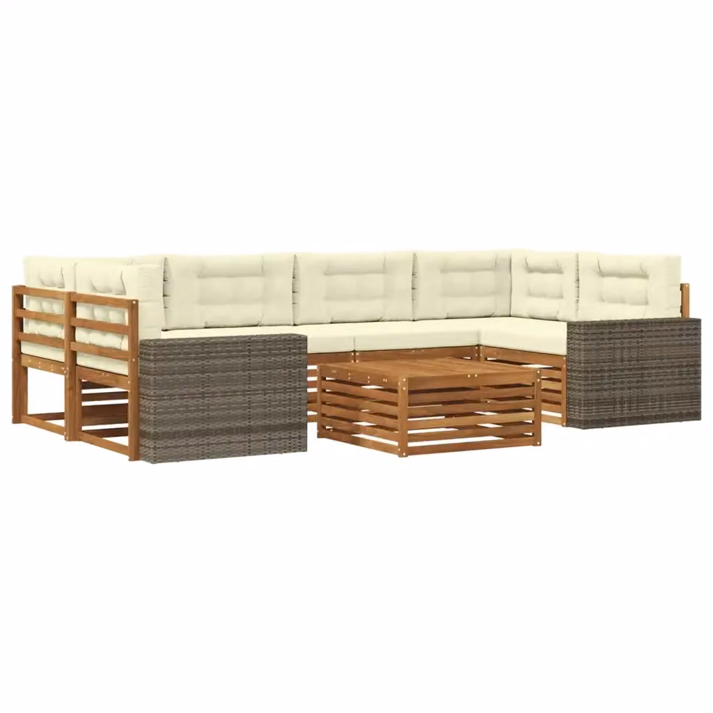 Set di divani da esterno a L con tavolino vidaXL in legno di acacia, colore beige e bianco, composto da 7 pezzi con cuscini inclusi – 2