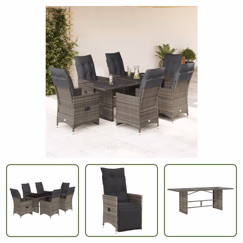The Living Store Set bistrot da giardino 7 pezzi con cuscini in poly rattan grigio