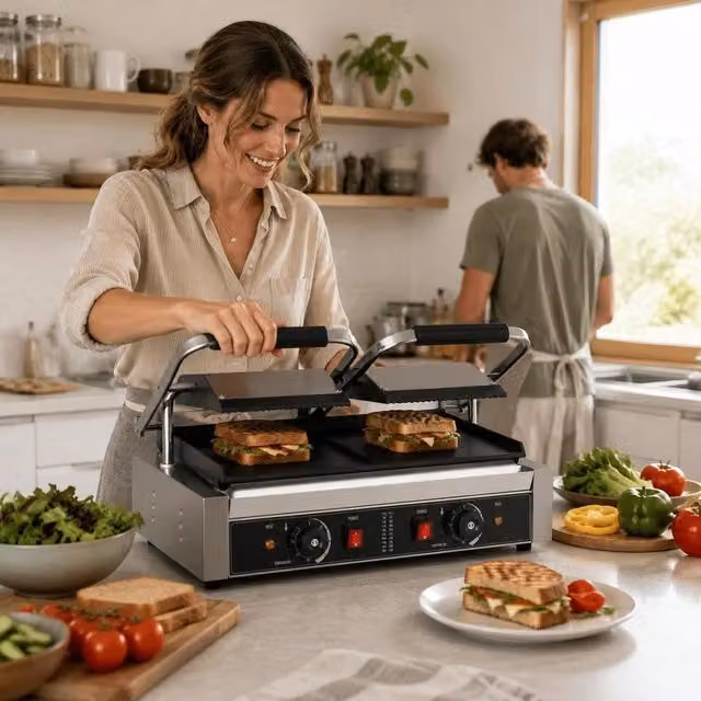 Commercial Panini Grill, Contact Grill, 3600 W For Sandwiches, Steak, Bacon, Hamburgers, Sandwich Maker, Stainless Steel Press Grill With Handle, Temperature Control, And 48 X 23 Cm Heating Plate.
