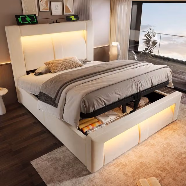 Letto singolo 90 × 200 cm contenitore idraulico con LED e porte USB Type-C in velluto beige testiera curva