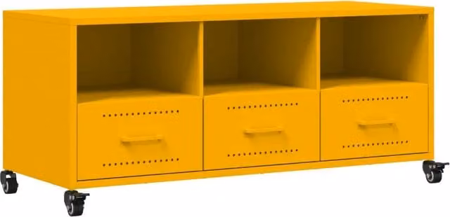 Mobile TV moderno in acciaio giallo senape con vani porta media e ruote L: 100,5 cm, P: 39 cm, H: 43,5 cm