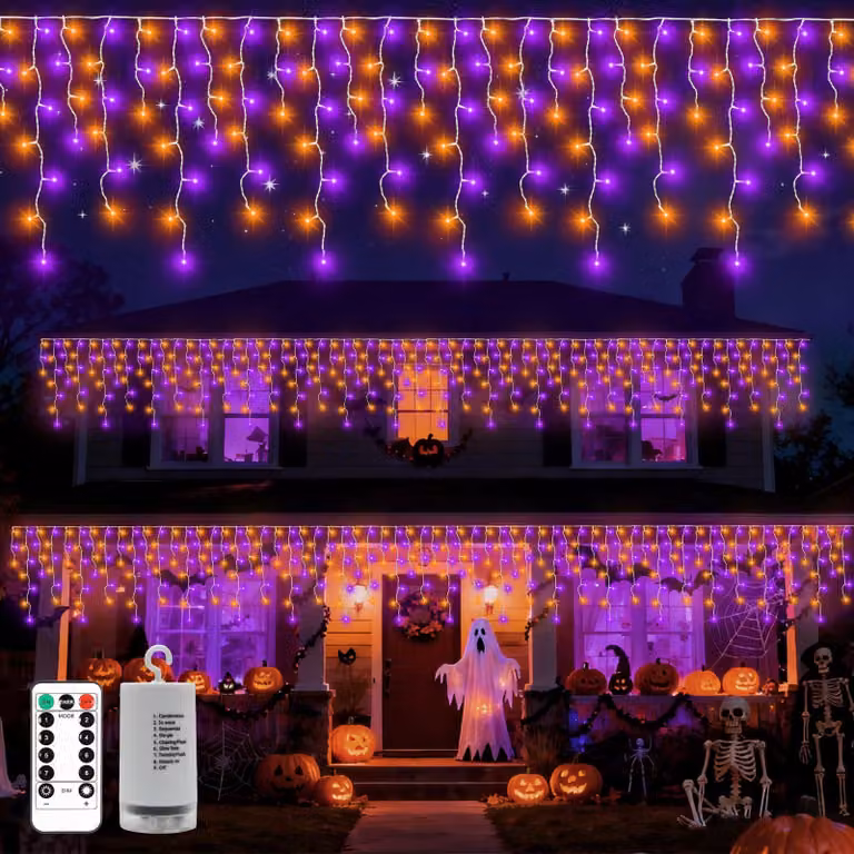 Catena luminosa effetto neve, 6 metri, 300 LED, color lilla/arancione, alimentazione a batteria