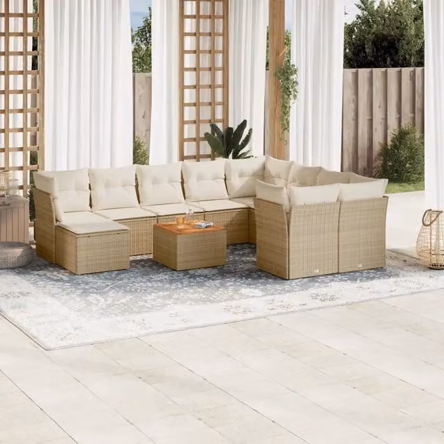 Set di divani da giardino vidaXL in polyrattan beige con cuscini e tavolino da esterno a forma di L composto da 11 pezzi