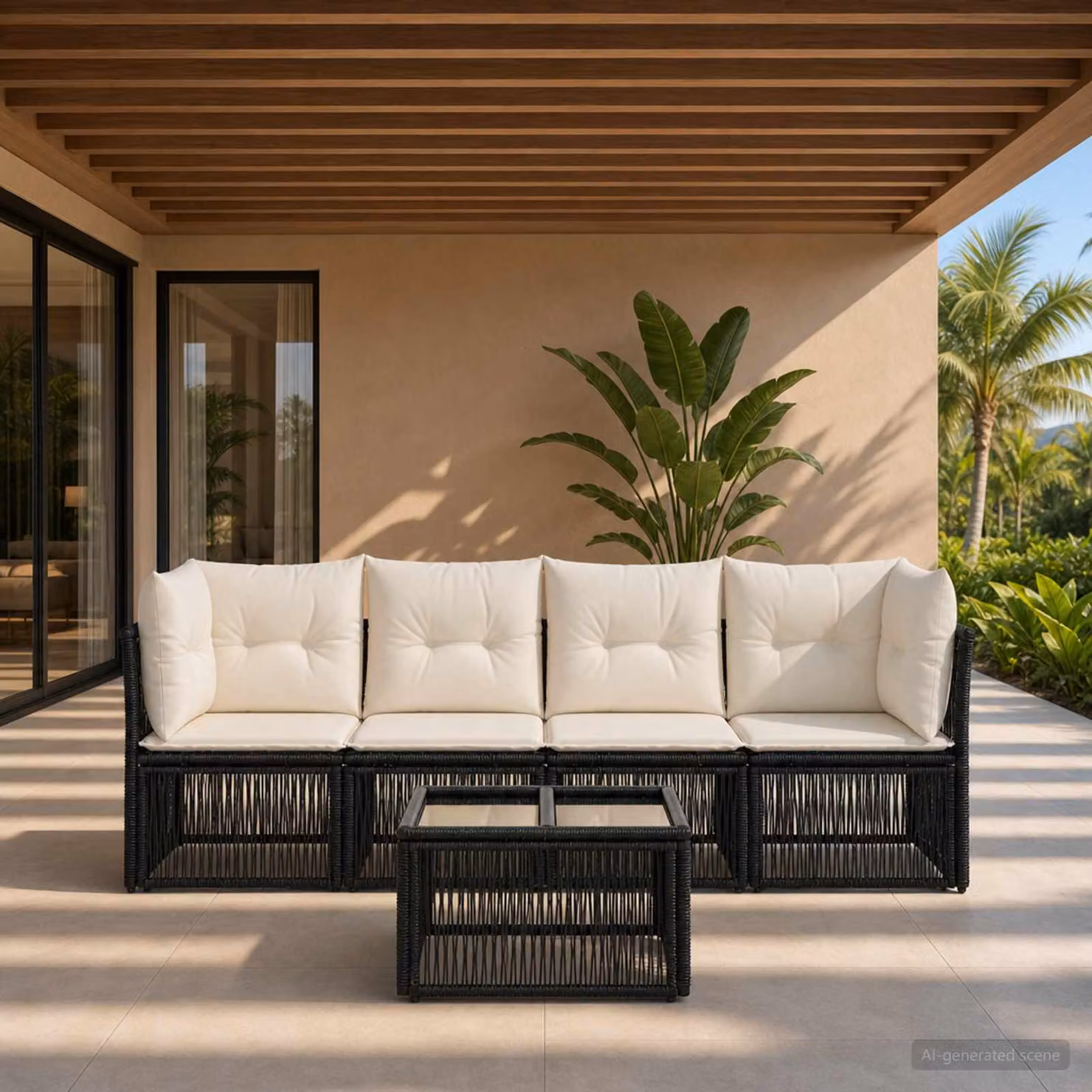 Set Divano da Giardino vidaXL 5 Pezzi a Forma di L con Tavolino, Nero e Bianco, in Polyrattan con Cuscini Imbottiti e Rivestimenti Rimovibili