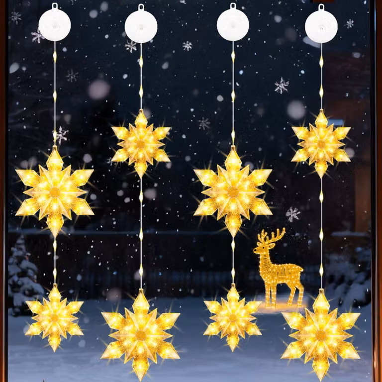Luci natalizie a LED, set da 4, a forma di fiocchi di neve, luce bianco caldo, 92 LED, grado di protezione IP44