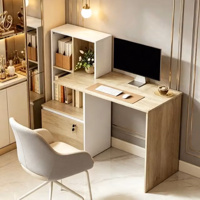 Scrivania Mivray con libreria a 4 vani e cassetto con serratura in bianco e rovere, L: 126 cm, P: 50 cm, H: 109 cm