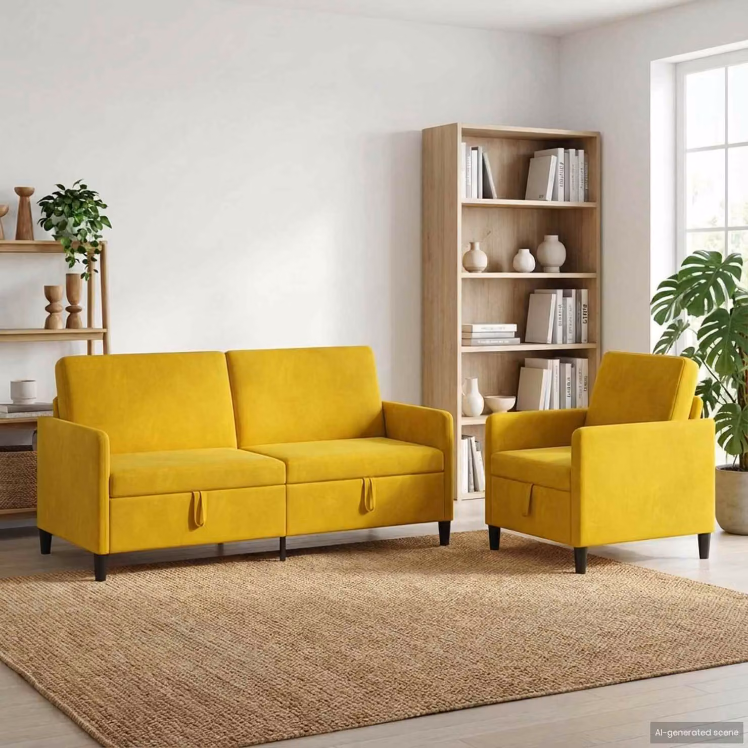 Set di 2 divani moderni vidaXL con contenitore, rivestimento in tessuto giallo e nero per soggiorno
