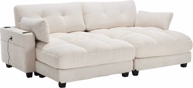 Poltrona Relax Chicfurn in Velluto a Coste Beige con Schienale Regolabile, Porta USB e Portabicchieri, L/P/H: 140 x 112 x 81 cm – 1