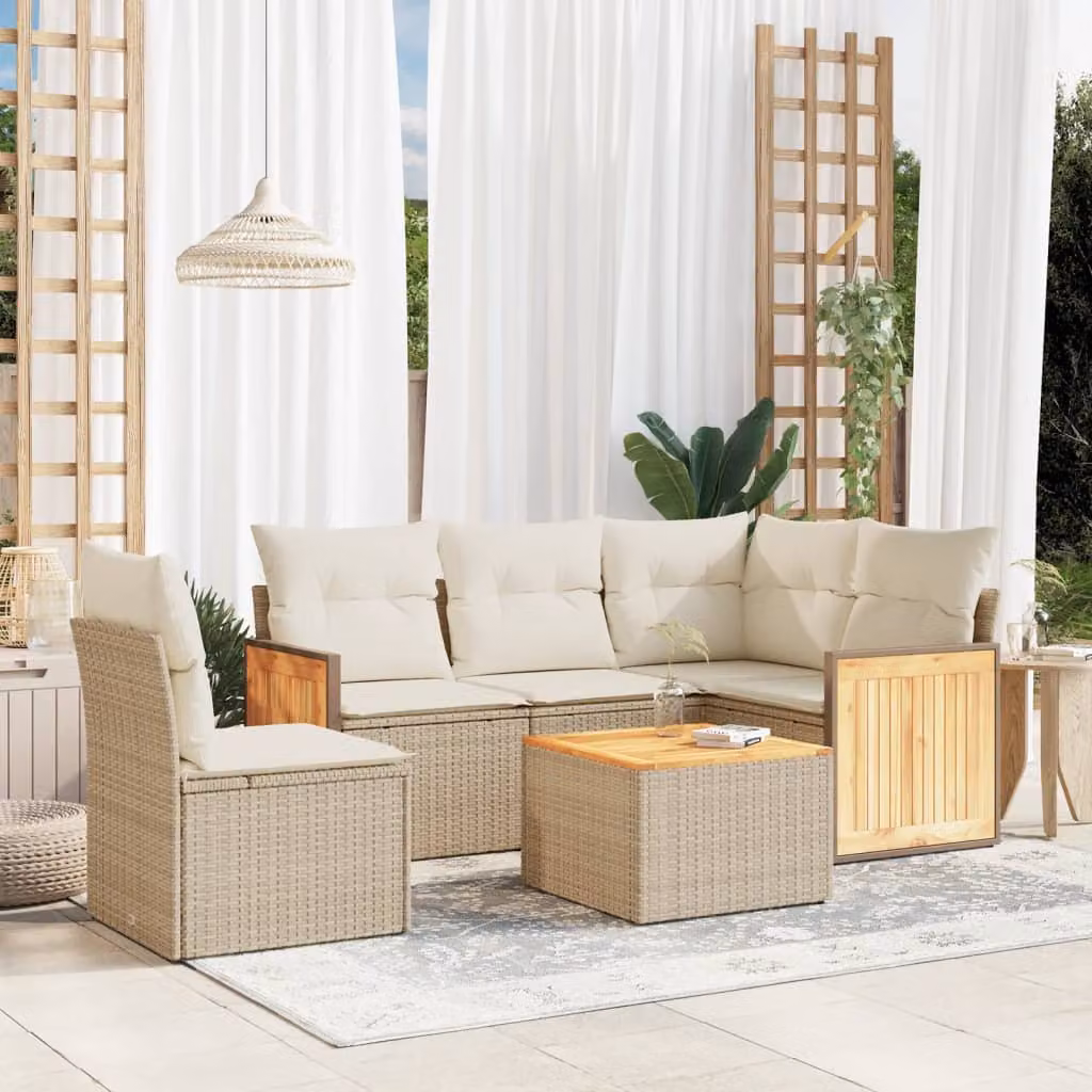 vidaXL Set Divano da Giardino a L 6 pz con Cuscini Beige e Tavolino, Design Moderno in Polyrattan e Legno di Acacia – 1