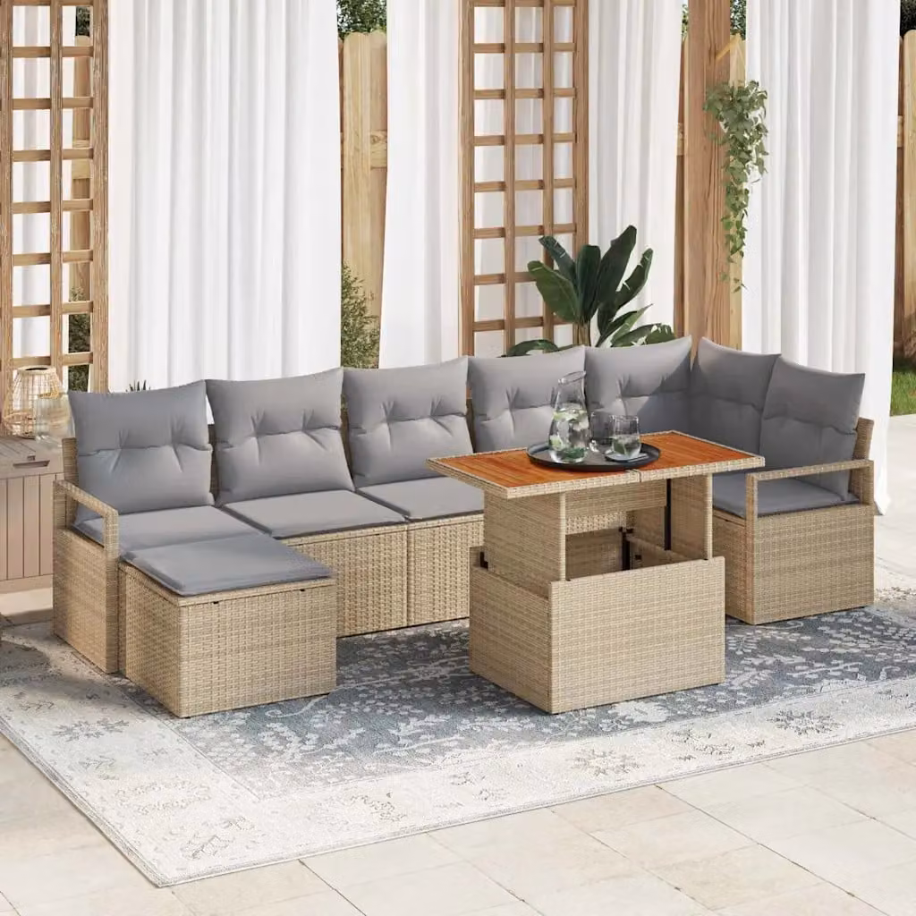 Set Divano da Giardino vidaXL 8 Pezzi in Polyrattan con Legno di Acacia Beige e Grigio