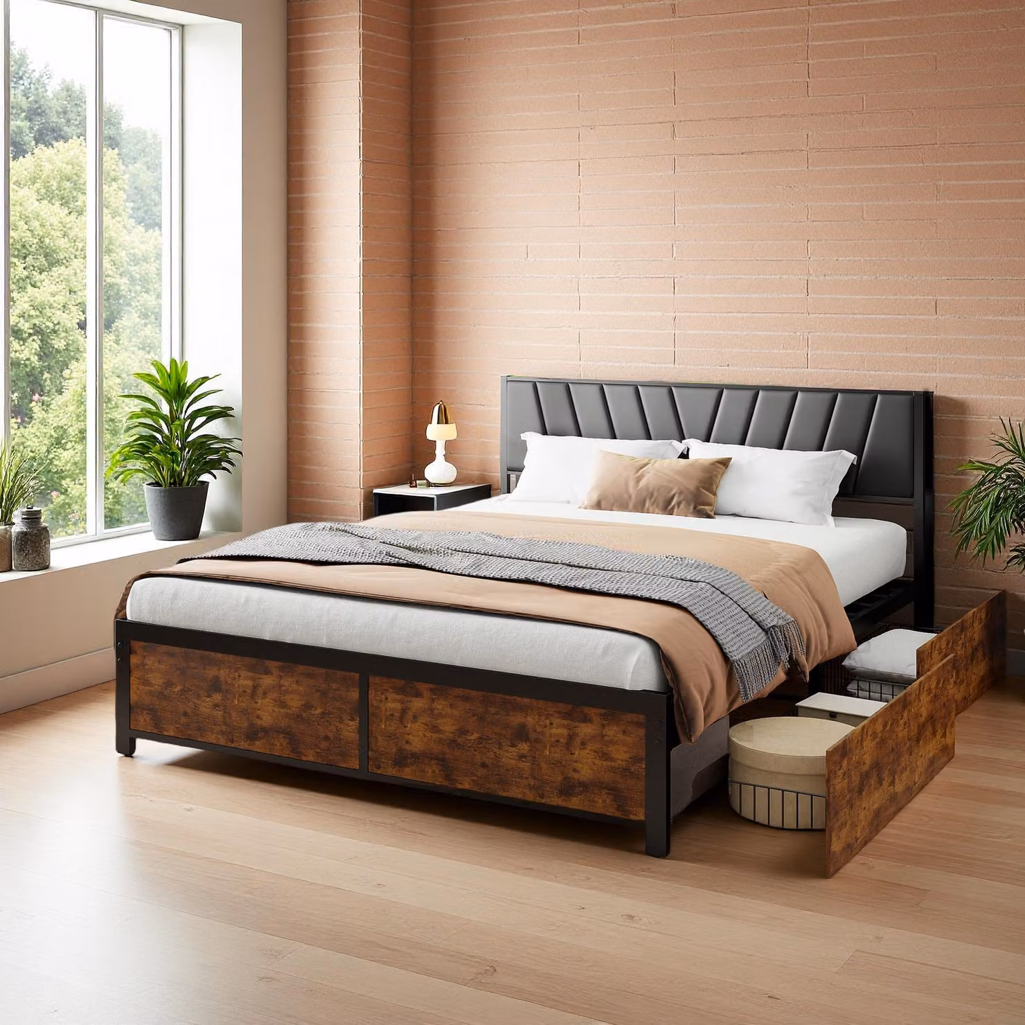 Struttura letto matrimoniale 180x200 cm con cassetti estraibili e LED, in metallo e legno nero - Perfetta per la camera da letto degli adulti, USB
