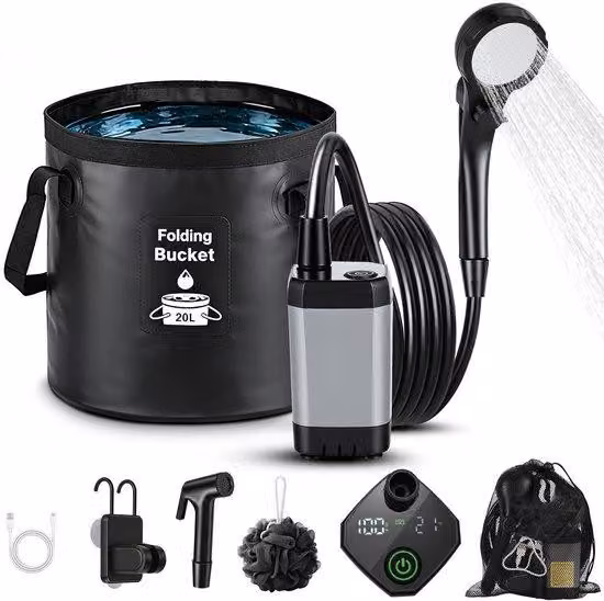 Doccia portatile da campeggio, 6000 mAh, 20 litri, impermeabile, con soffione rimovibile, ideale per giardino, tenda, cani e spiaggia