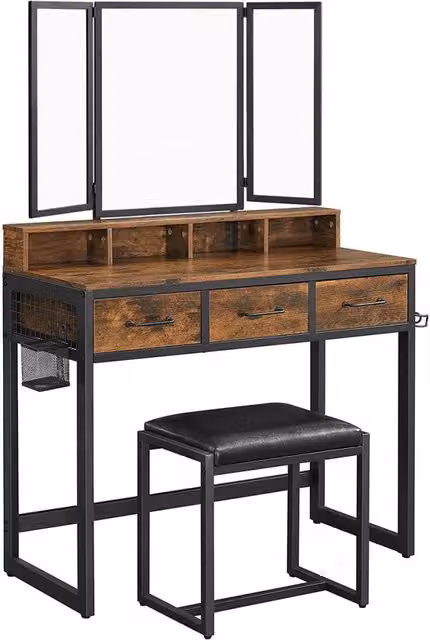Toeletta industriale KENDRA HOME con specchio tri-fold e sgabello in ecopelle, colori nero e marrone, L/P/H: 150 x 40 x 90 cm – 1
