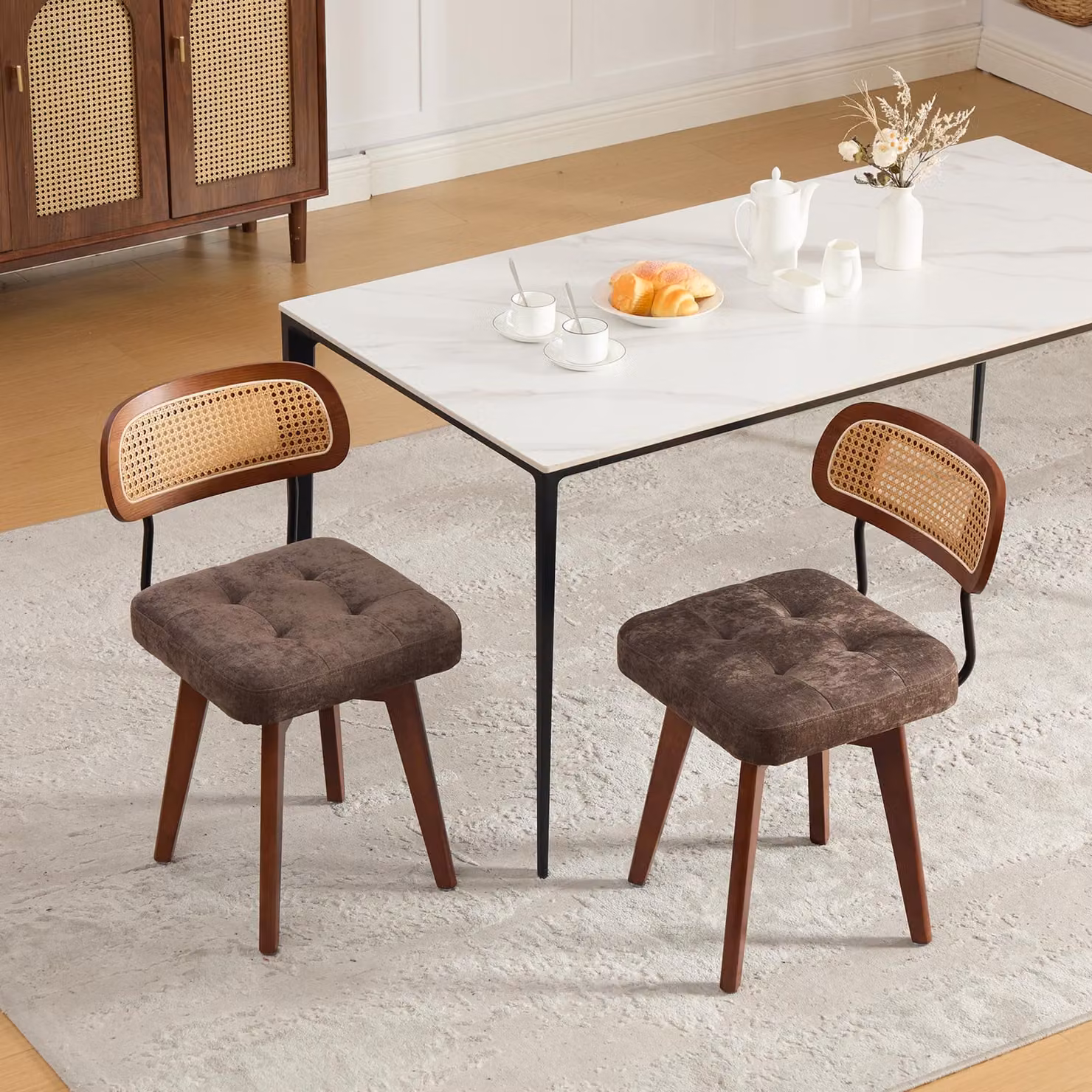 Set di 2 sedie STILVORA, sedia da cucina con schienale intrecciato, sedia da pranzo con seduta imbottita, sedia in stile mid-century