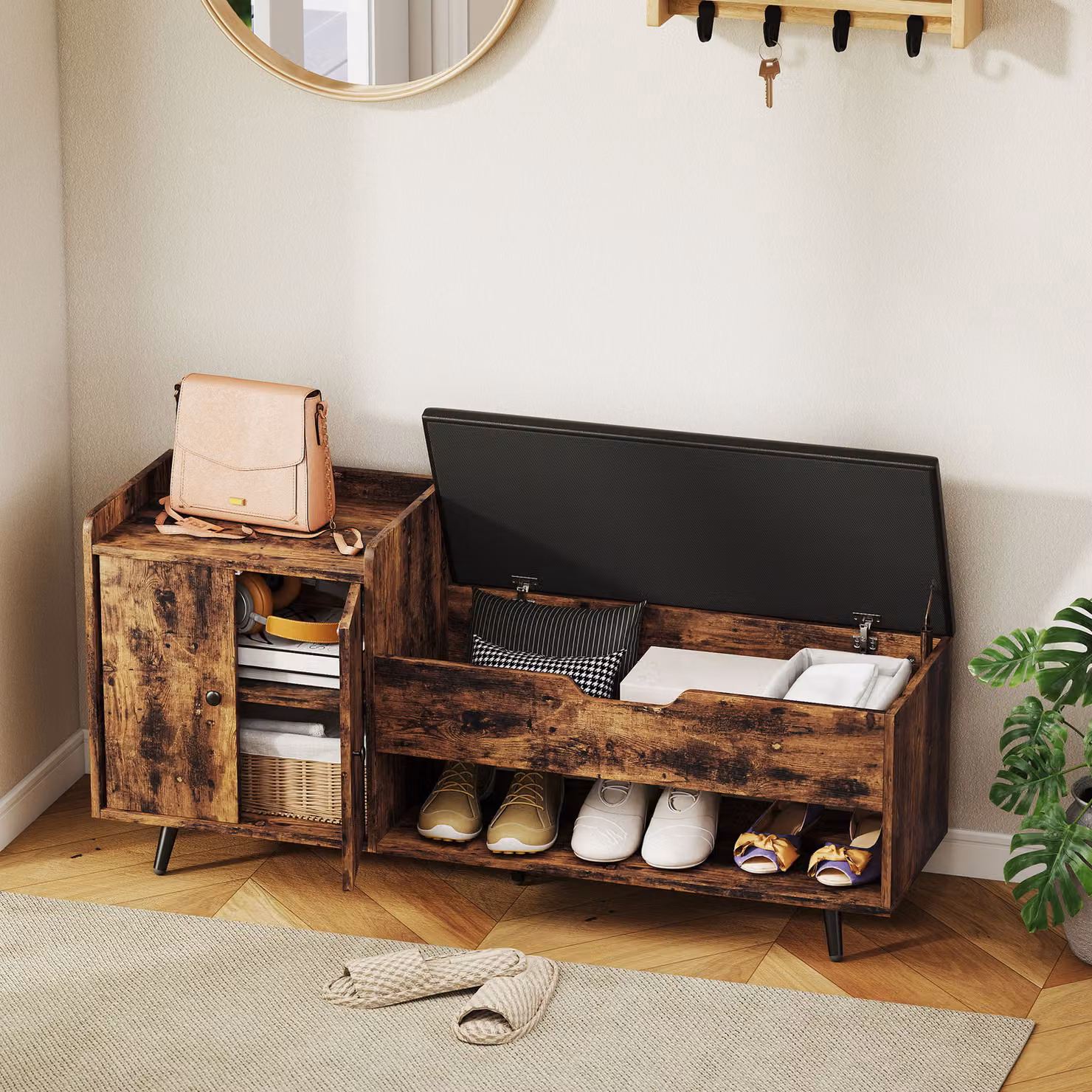 Panca porta scarpe industriale HOMCOM con sedile imbottito in ecopelle e scomparti, Marrone Rustico, L: 127 cm, P: 35 cm, H: 59 cm – 2