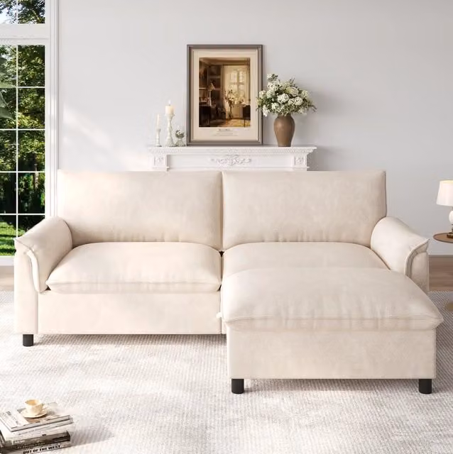 Divano modulare a nuvola con pouf mobile e vano contenitore 216x77x82 cm; chenille beige