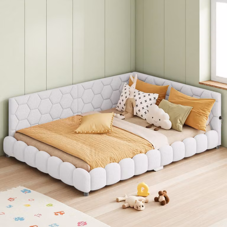 Letto imbottito INONEFT, divano letto 140x200, letto per ragazzi con illuminazione LED, prese USB e di tipo-C, divano letto con rete a doghe, lana di pecora, bianco