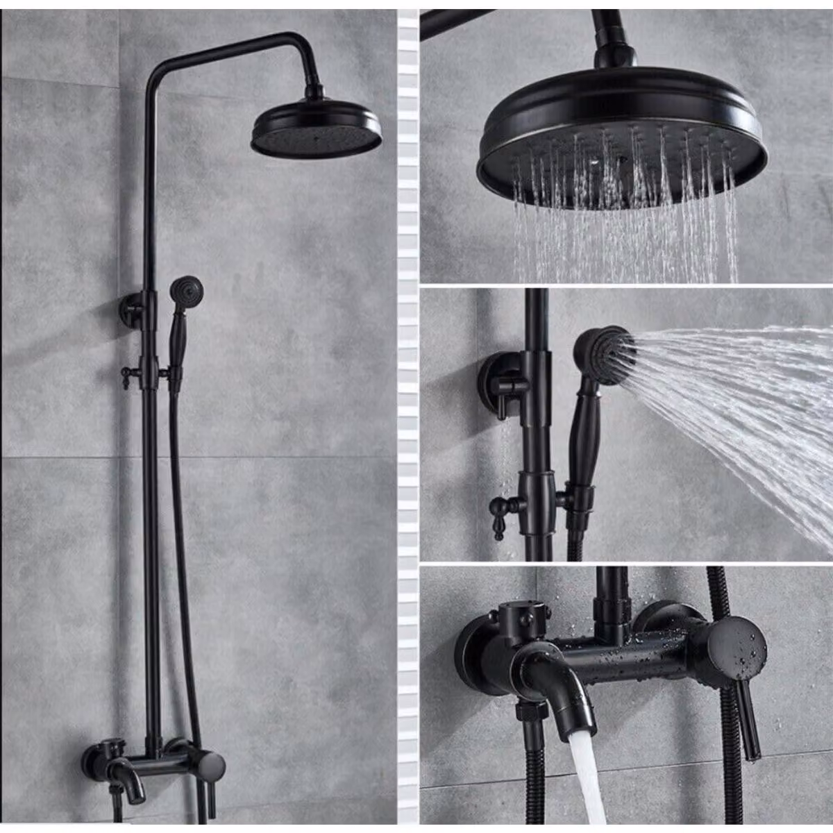 Set completo per doccia a parete, colore nero. Include soffione a pioggia, realizzati in acciaio inossidabile e ottone, per l'installazione in bagno