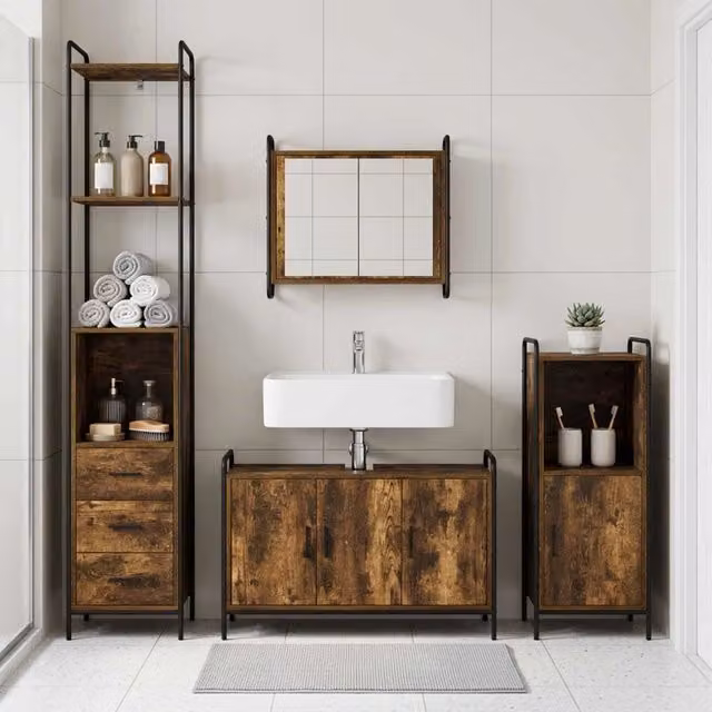 Set di Armadi da Bagno 3 pz Rovere Fumo 40 x 36 x 181 cm 3444551