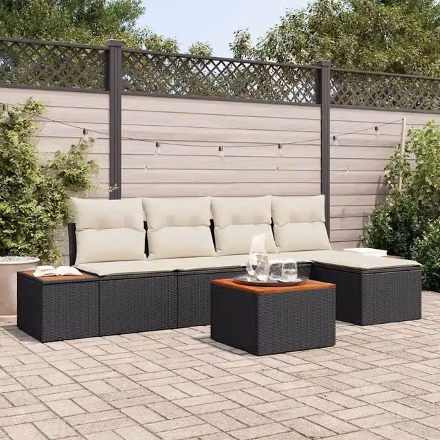 Set Divano da Giardino 6 pz 5-Numero di posti Nero e Crema 3356737