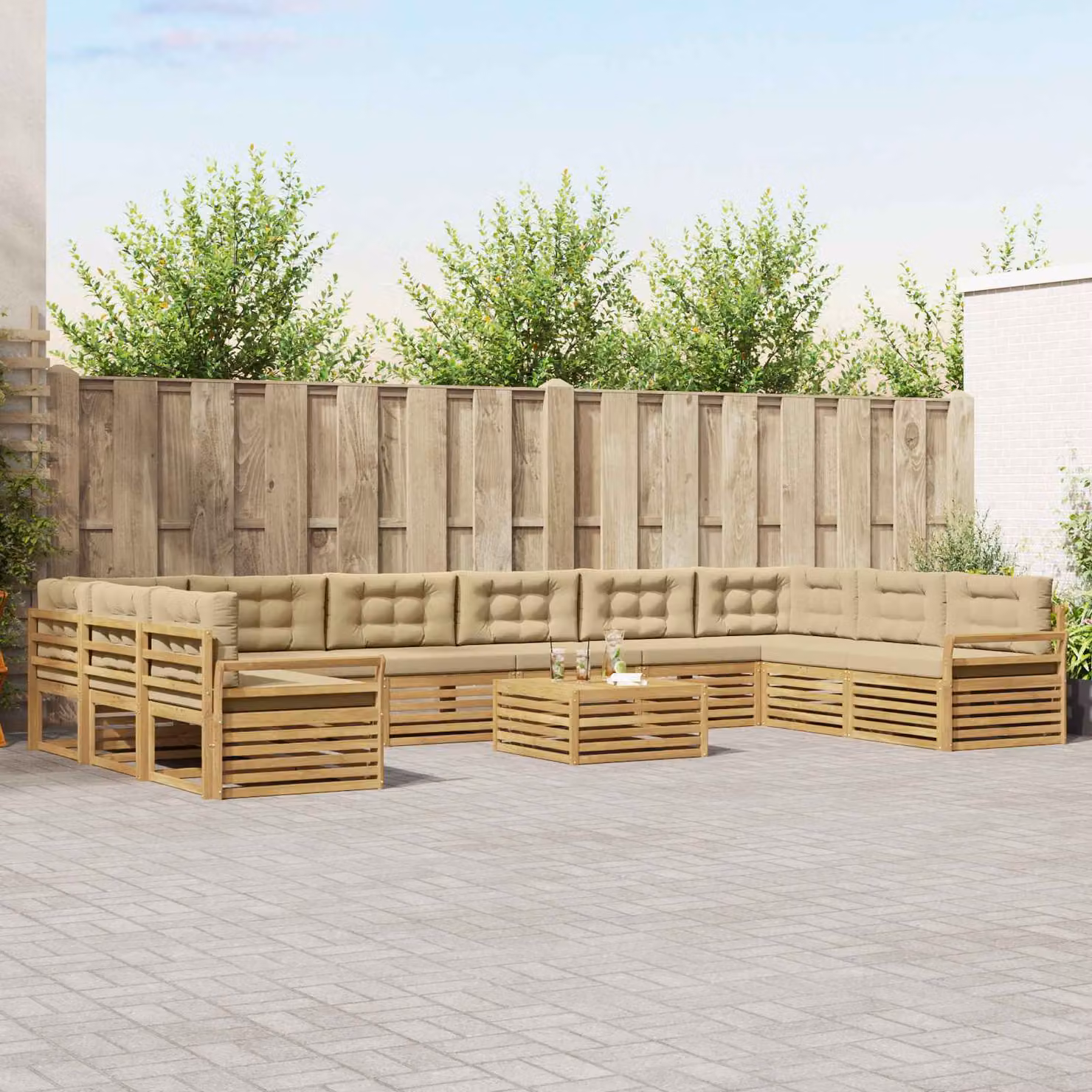 Set divano da giardino vidaXL a forma di L in legno di acacia con 11 pezzi, colore marrone e beige