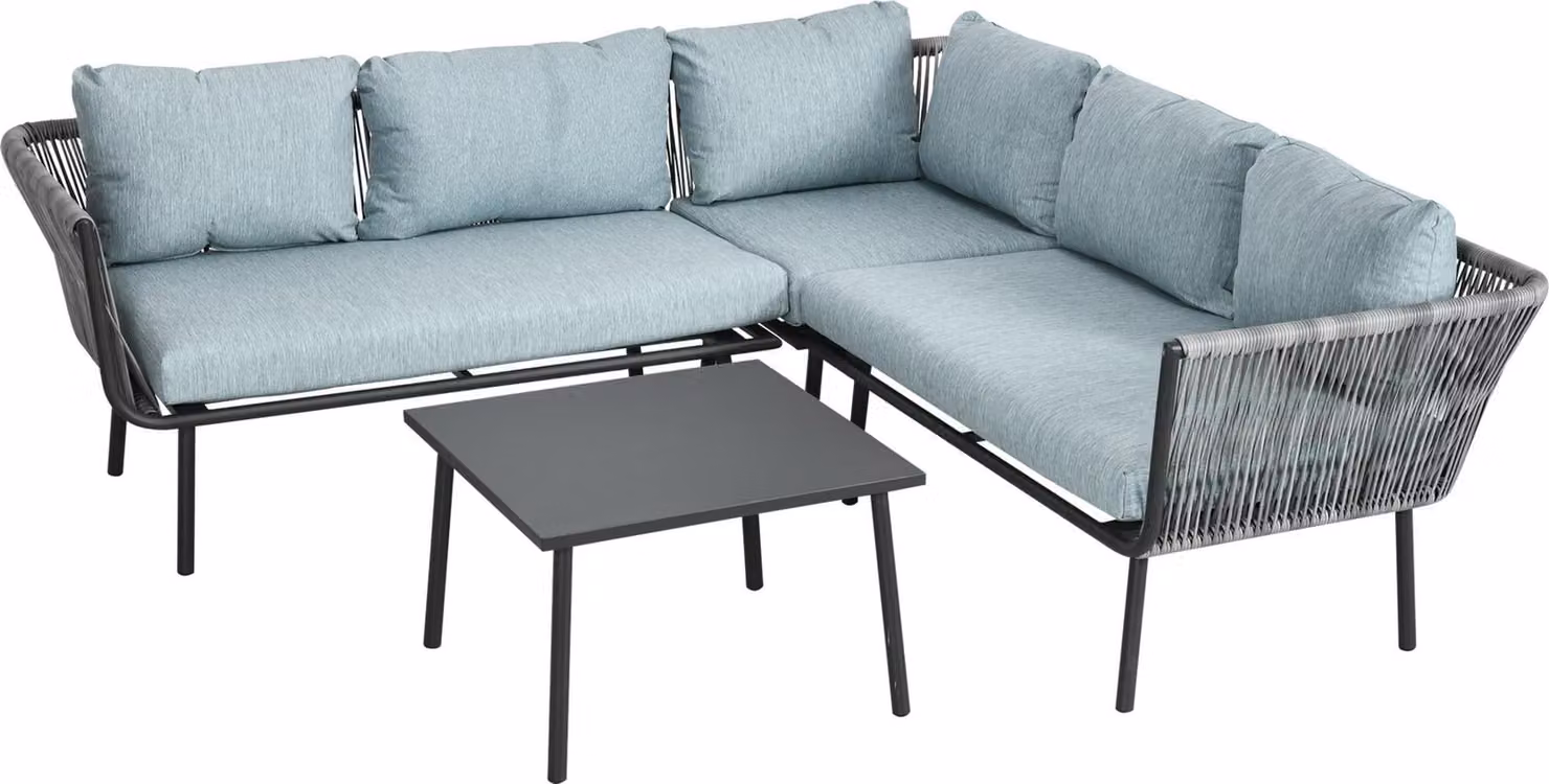Set da giardino in rattan da 4 pezzi, set di sedute con cuscini, 2 divani a due posti, 1 divano ad angolo, 1 tavolino da salotto, salottino, set da giardino per balcone