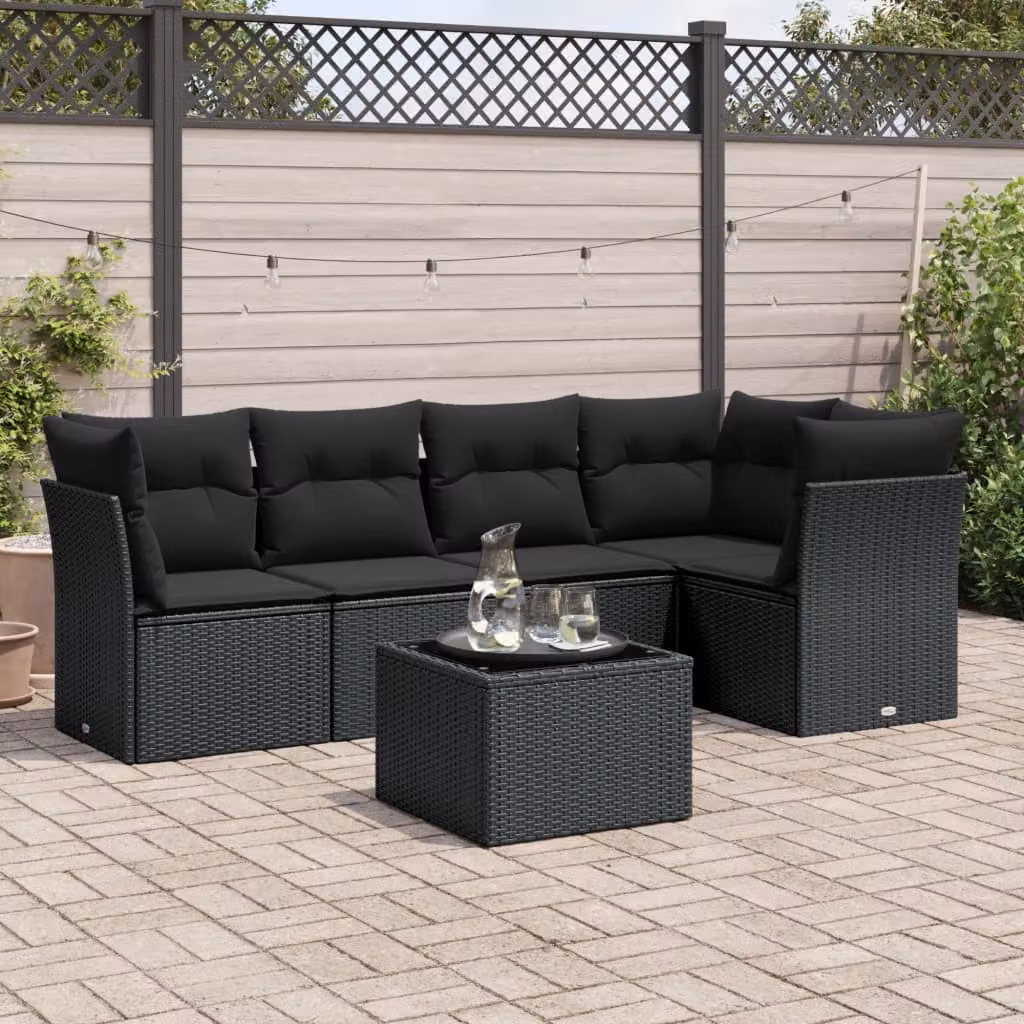 vidaXL Set Divano da Giardino a L 6 pz con Cuscini e Tavolino Nero in Polyrattan e Acciaio – 1