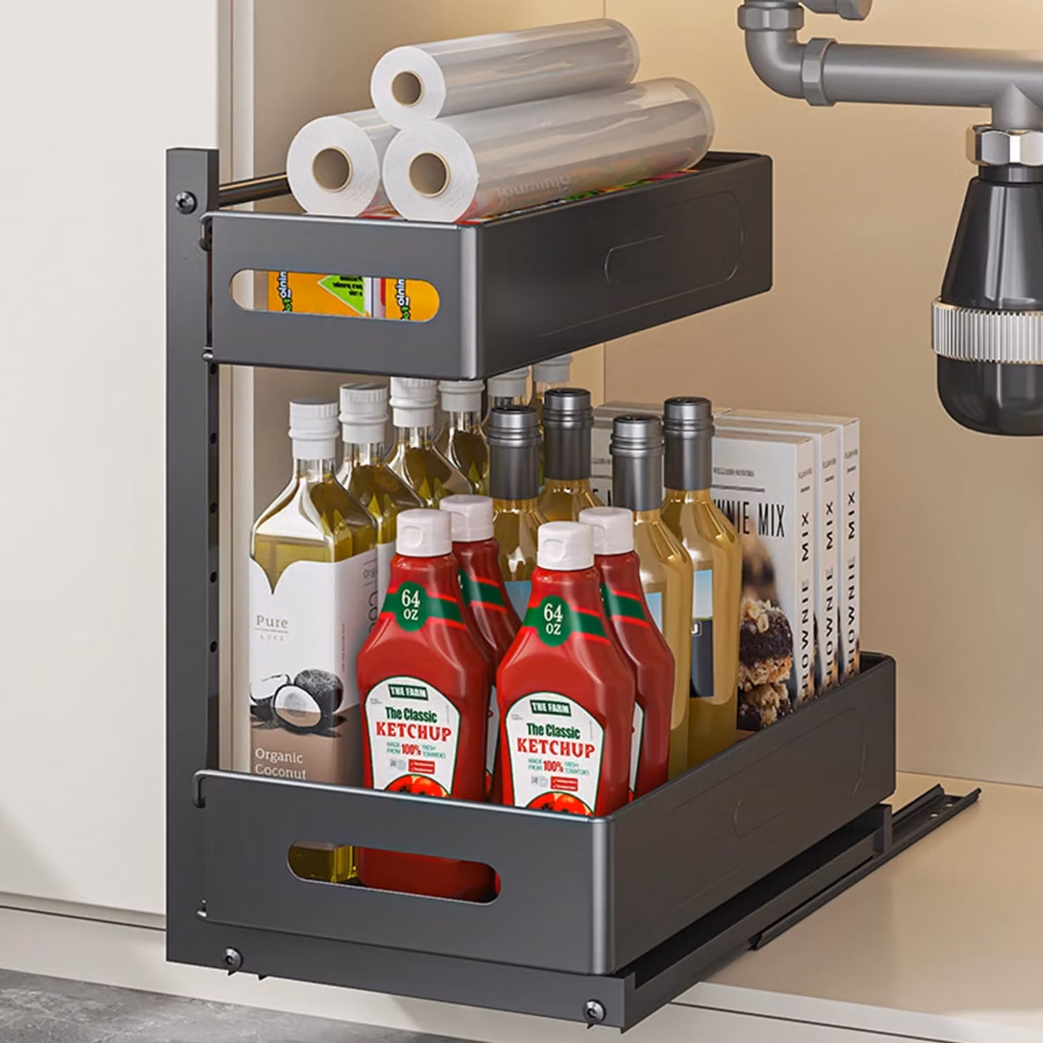 Organizzatore da cucina a 2 ripiani - Scaffale estraibile - Da posizionare sotto il lavello - Organizzatore in metallo - Altezza regolabile - Acciaio al carbonio resistente