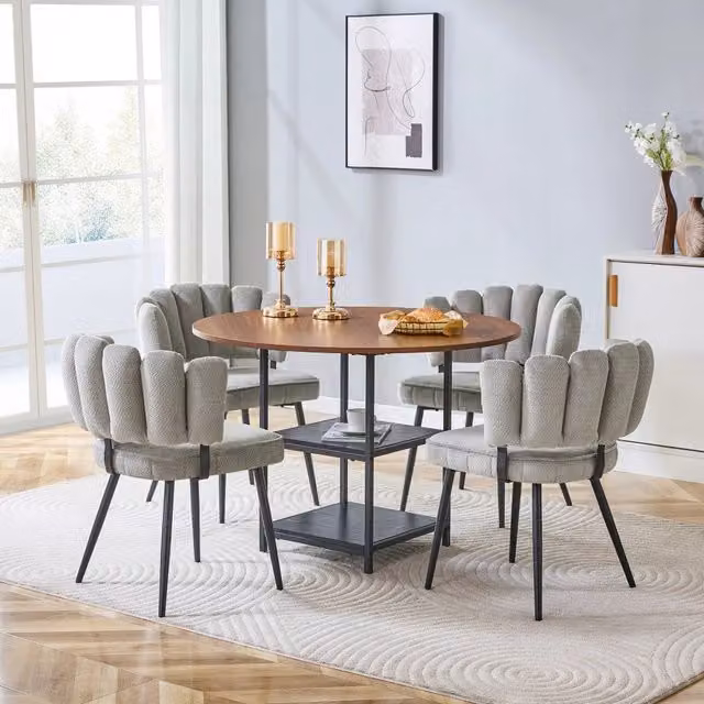 Tavolo da pranzo rotondo per 4 persone con 2 ripiani e 4 sedie in tessuto grigio per cucina e sala da pranzo