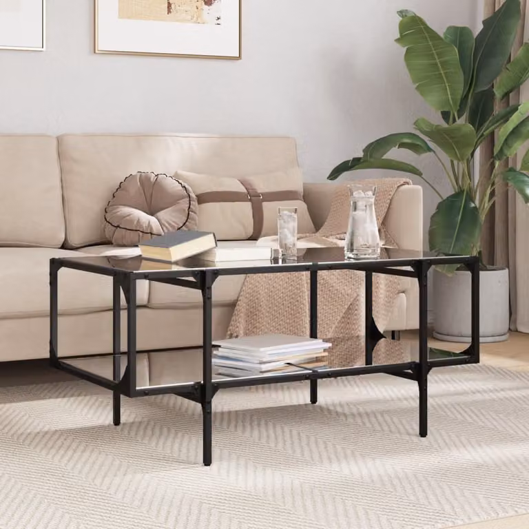 Maison Exclusive - Tavolino da caffè con piano in vetro, nero, 98,5x50x45 cm, struttura in acciaio