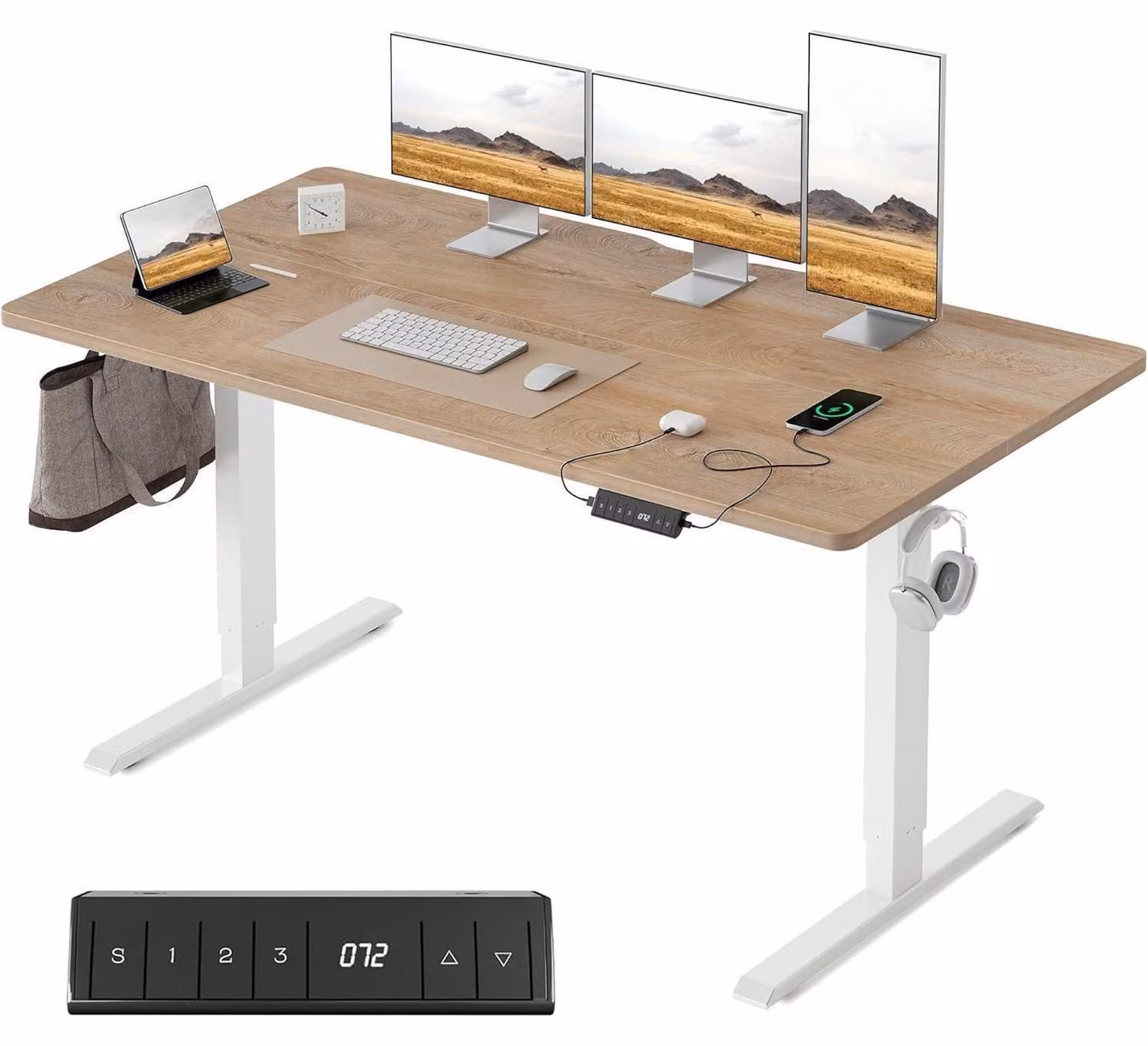 Scrivania regolabile in altezza, dimensioni 140 x 70 cm, con porte USB-A e USB-C, finitura noce