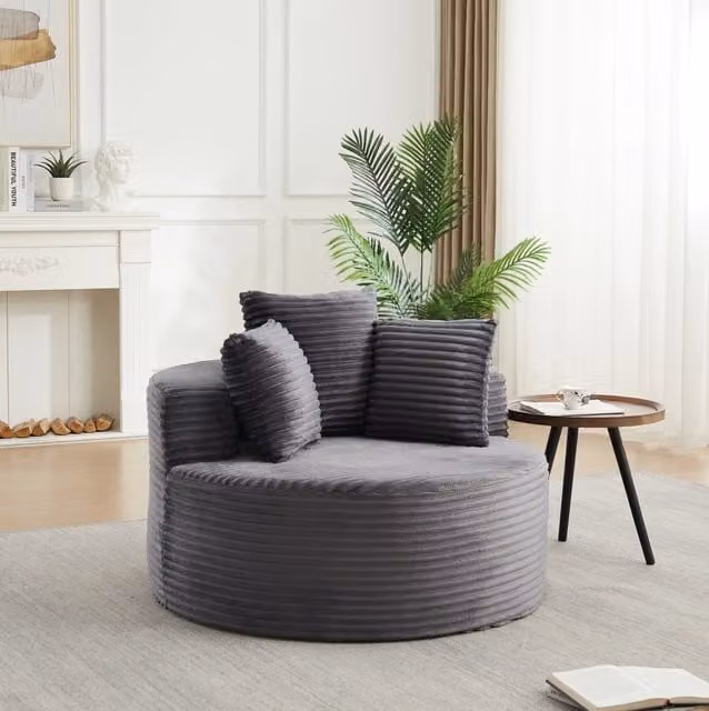 Poltrona lounge rotonda ULEVR ? 110 cm in velluto a coste grigio con 3 cuscini, imbottitura in schiuma e molle