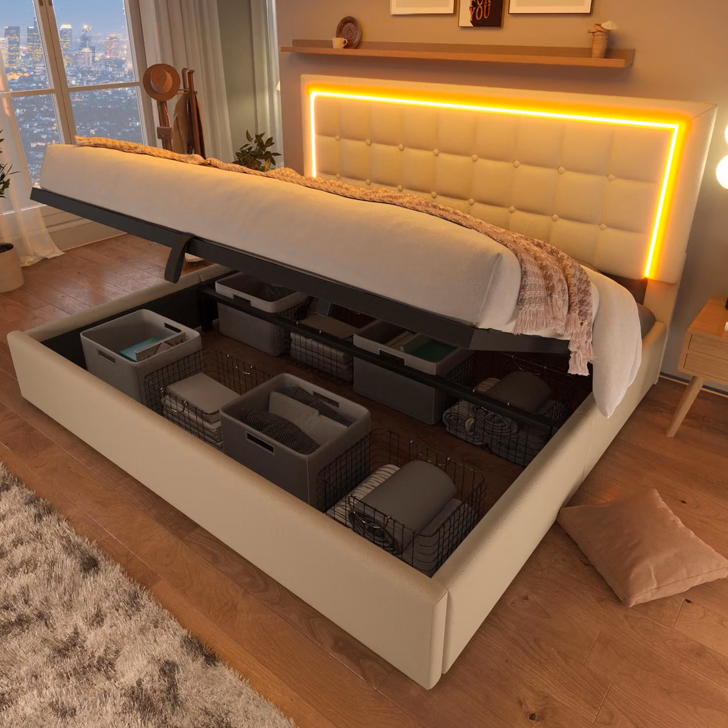Letto imbottito Flieks 160x200cm con rete a doghe e contenitore, letto a molle con rete Led, letto matrimoniale con contenitore, letto funzionale in Pelle finta, bianco