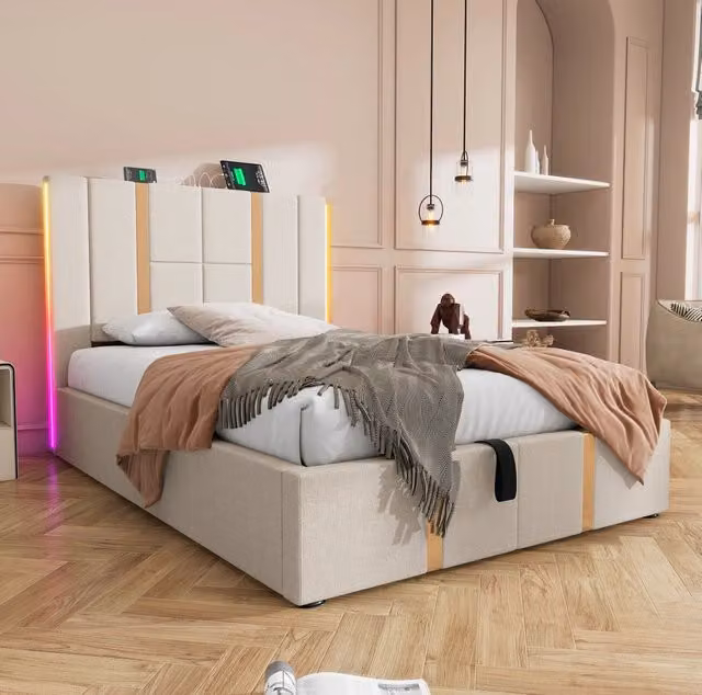 Letto singolo imbottito 90x200 cm con contenitore; USB Tipo C; LED RGB; beige