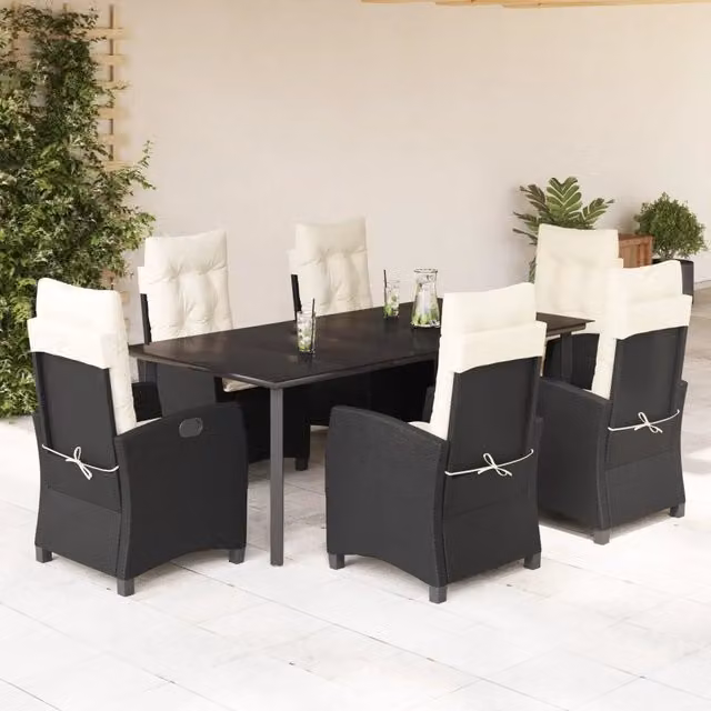 Set da Pranzo da Giardino Moderno vidaXL in Polyrattan Nero con Piano in Vetro, 7 Pezzi – 1