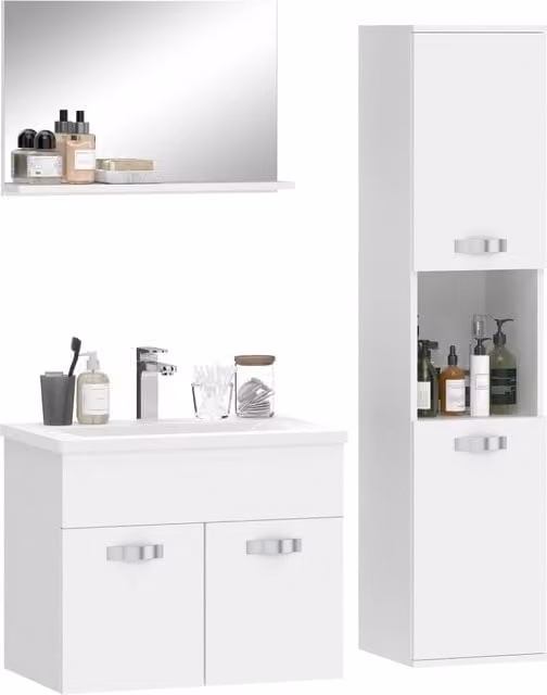 Set Bagno Zephmum 4 Pezzi Bianco Lucido con Mobile Sottolavabo, Colonna, Specchio e Pensile