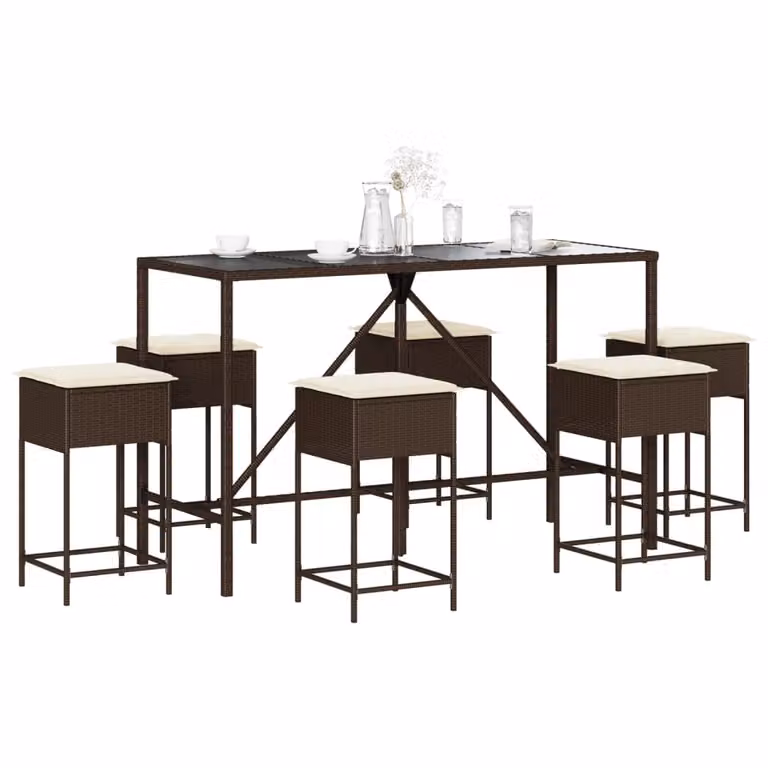 Set Bar da Giardino vidaXL in Polyrattan Marrone con 7 Pezzi e Cuscini