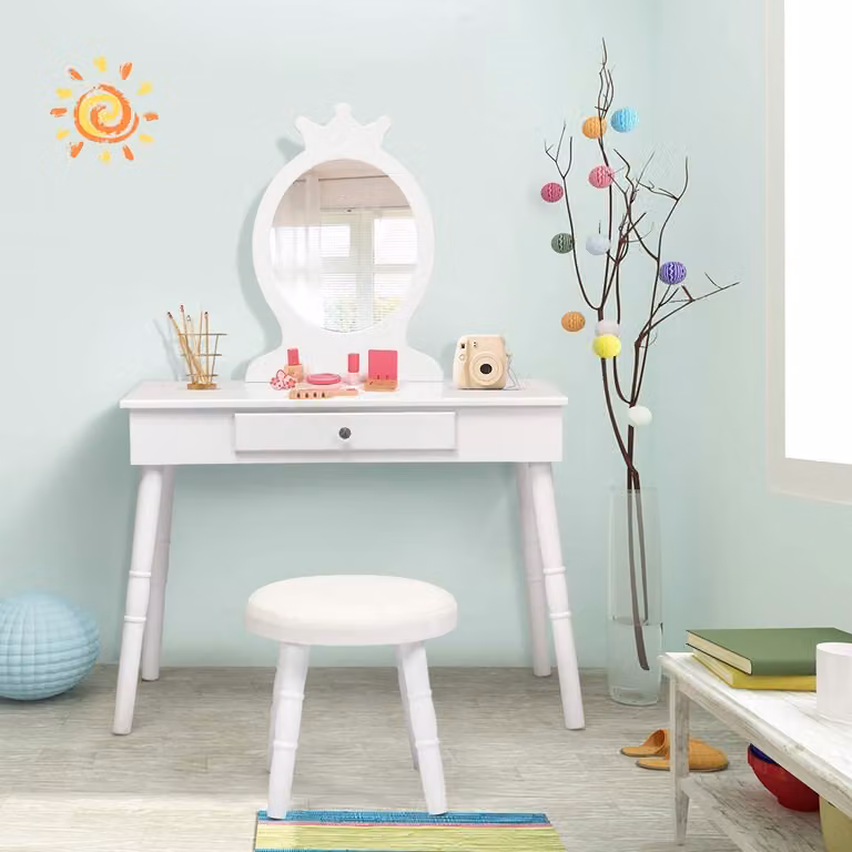 COSTWAY Comodino per bambini con sgabello, cassetto e specchio estraibile in legno 70x34x100cm