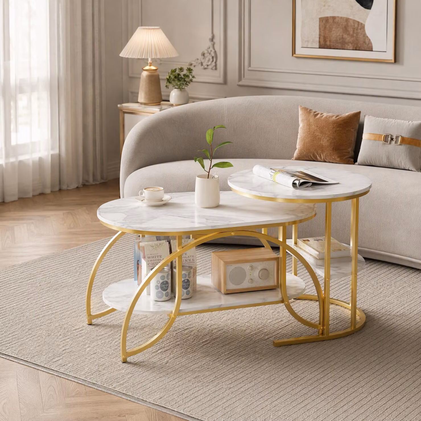UnboxG Tavolino in metallo - Tavolo da soggiorno con spazio per riporre oggetti - Tavolo da soggiorno con due ripiani - Tavolo da divano 46x80x45 cm/52x52x51 cm - Tavolino in bianco/oro