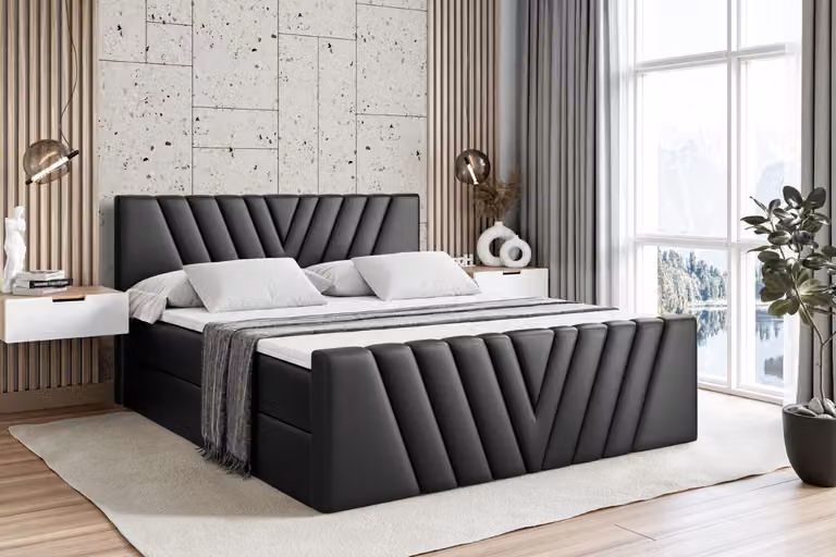 Letto boxspring ALTDECOR con pediera, materasso H4 e topper - 120x200 cm - ERNINA-Z - Pelle finta nera - Letto imbottito con contenitore e rete a doghe, letto con spazio contenitivo