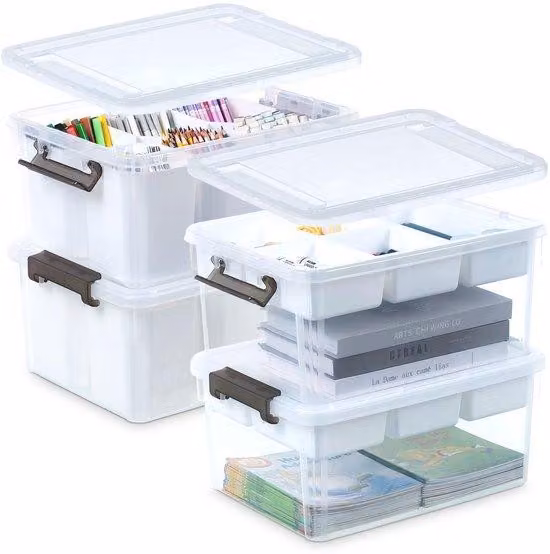 Ibenzoa® Set di 3 contenitori trasparenti con coperchio e inserti removibili – 5 scomparti flessibili, in plastica, ideali per la casa e l'officina