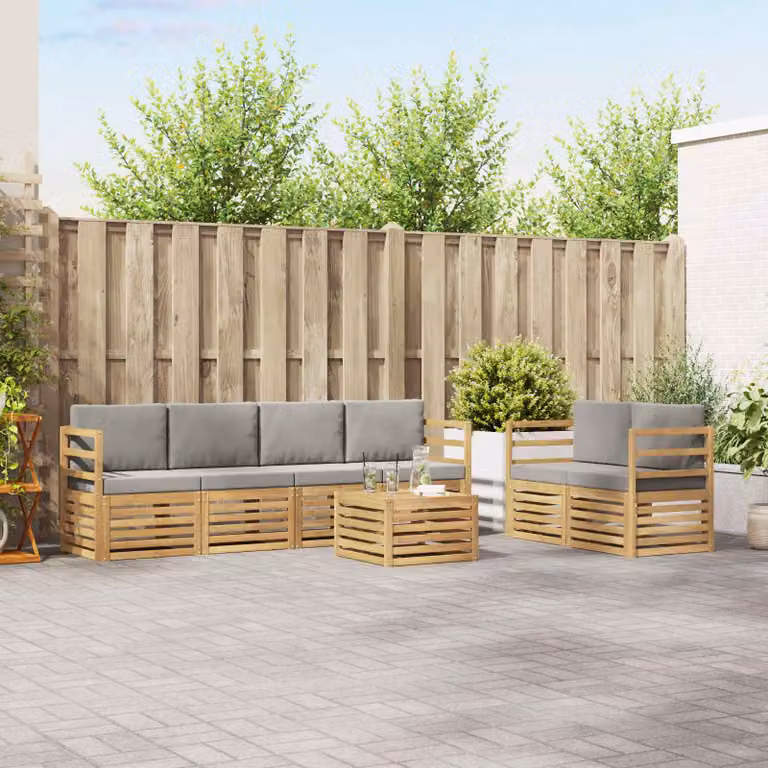 Set di divani da esterno vidaXL 7 pezzi in legno di acacia con tavolo da caffè, colore bianco e grigio