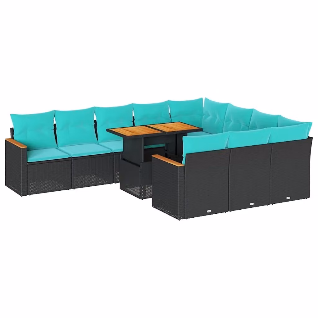 Set di Divani da Giardino vidaXL a Forma di U composto da 11 Pezzi con Cuscini in Polyrattan e Tavolino, Colore Nero, Blu e Turchese – 2