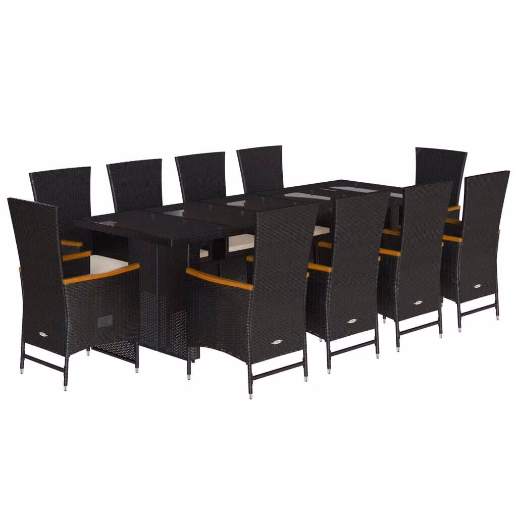Set da Pranzo da Giardino 11 pz con Cuscini in Polyrattan Nero