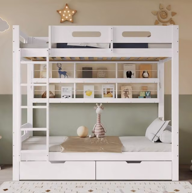 Letto a castello per bambini con sponde di protezione, 2 cassetti su ruote, ripiani aperti, scala a 5 gradini, legno di pino e MDF bianco 90x200 cm