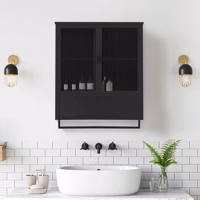 Mobile pensile 60x23x78 cm con due ante; ripiani e portasalviette in vetro temperato e metallo nero