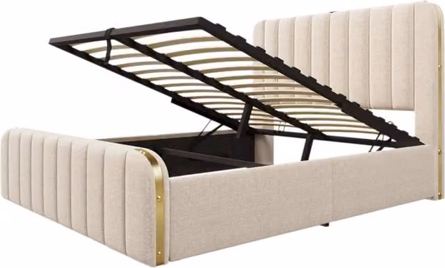 Letto matrimoniale imbottito 140x200 cm con testiera beige in lino, strisce decorative dorate e funzione di ricarica USB Tipo-C, contenitore idraulico