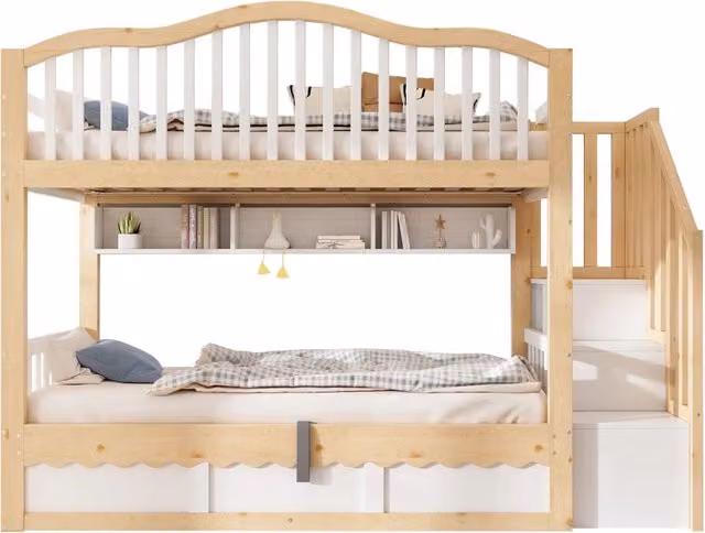 Letto a castello per bambini 90x200 in legno bianco e rovere con scala; contenitore idraulico e protezione anticaduta
