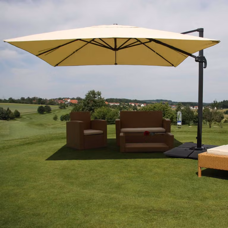 Ombrello semaforo gastronomico HWC-A96, ombrellone, 3x4m (Ø5m) poliestere/alluminio 26kg ~ crema con supporto, girevole