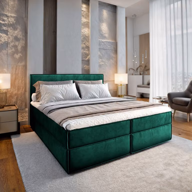 Letto a molle Masseno PELLIO 180x200 cm completo di materasso e topper Bonell, letto imbottito con cassettiera -Verde, MONOLITH 37